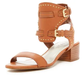 1.State Rylen Tan Leather Golden Embellished Chic Low Block Heel City Sandals