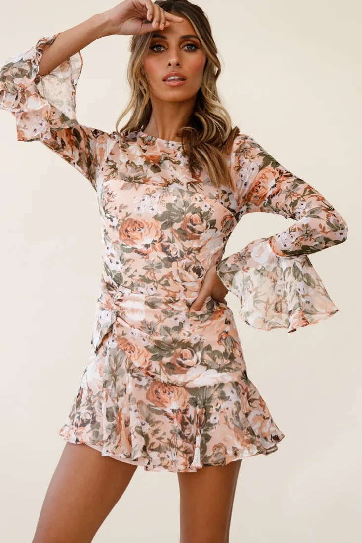 Adalia Long Sleeve Flared Cuff Dress Floral Print Nude Multi