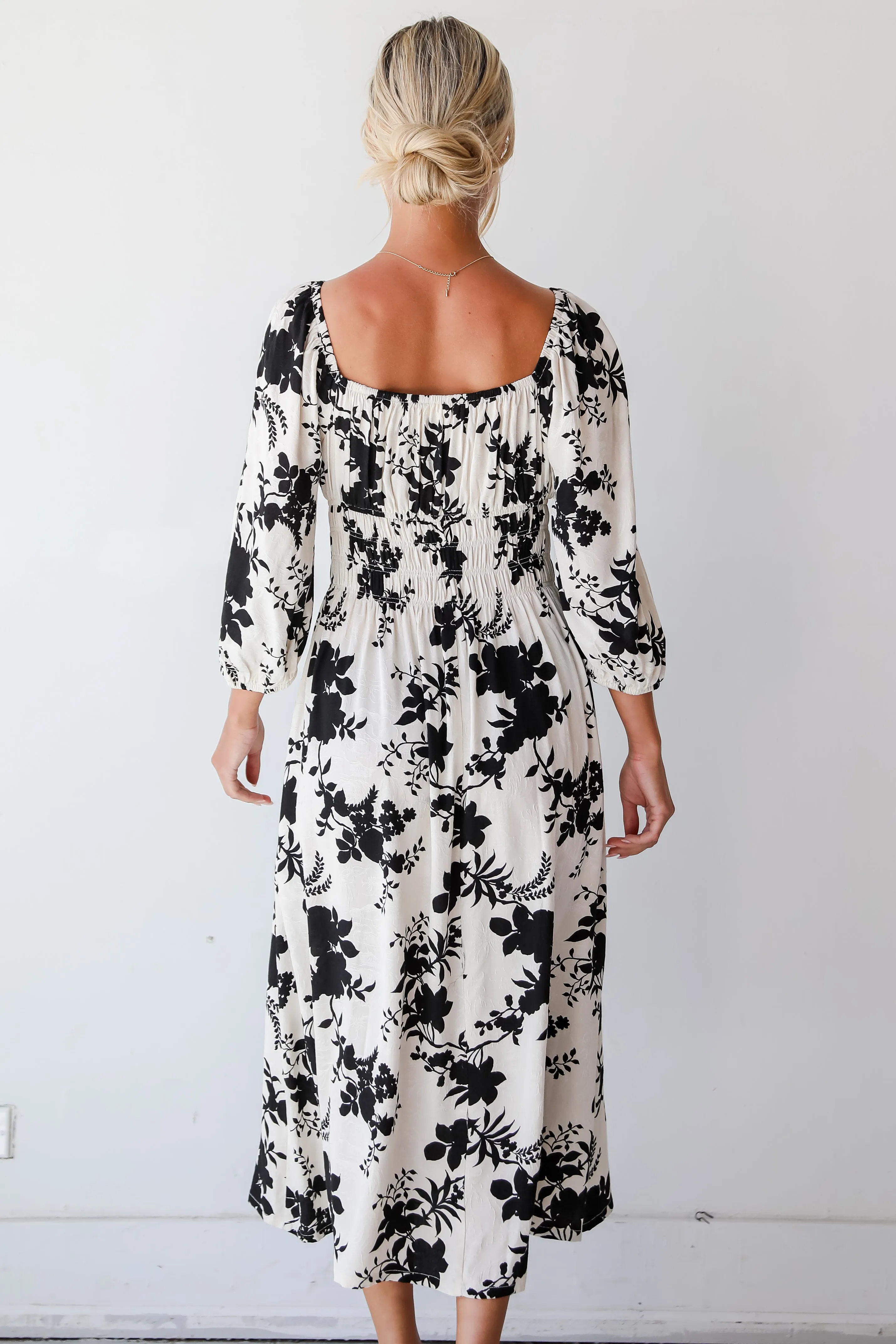 Adorably Elite Ivory Floral Midi Dress