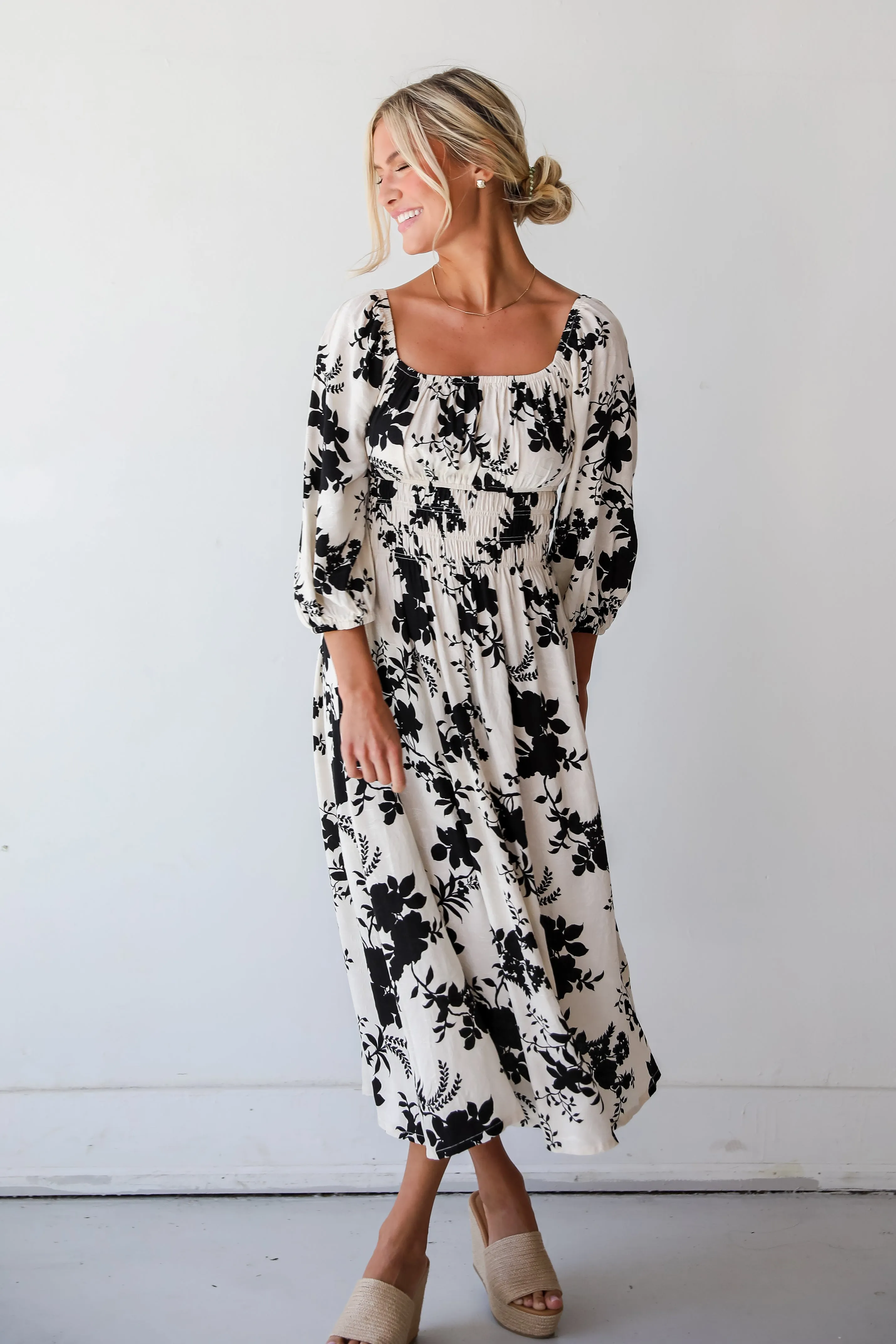 Adorably Elite Ivory Floral Midi Dress