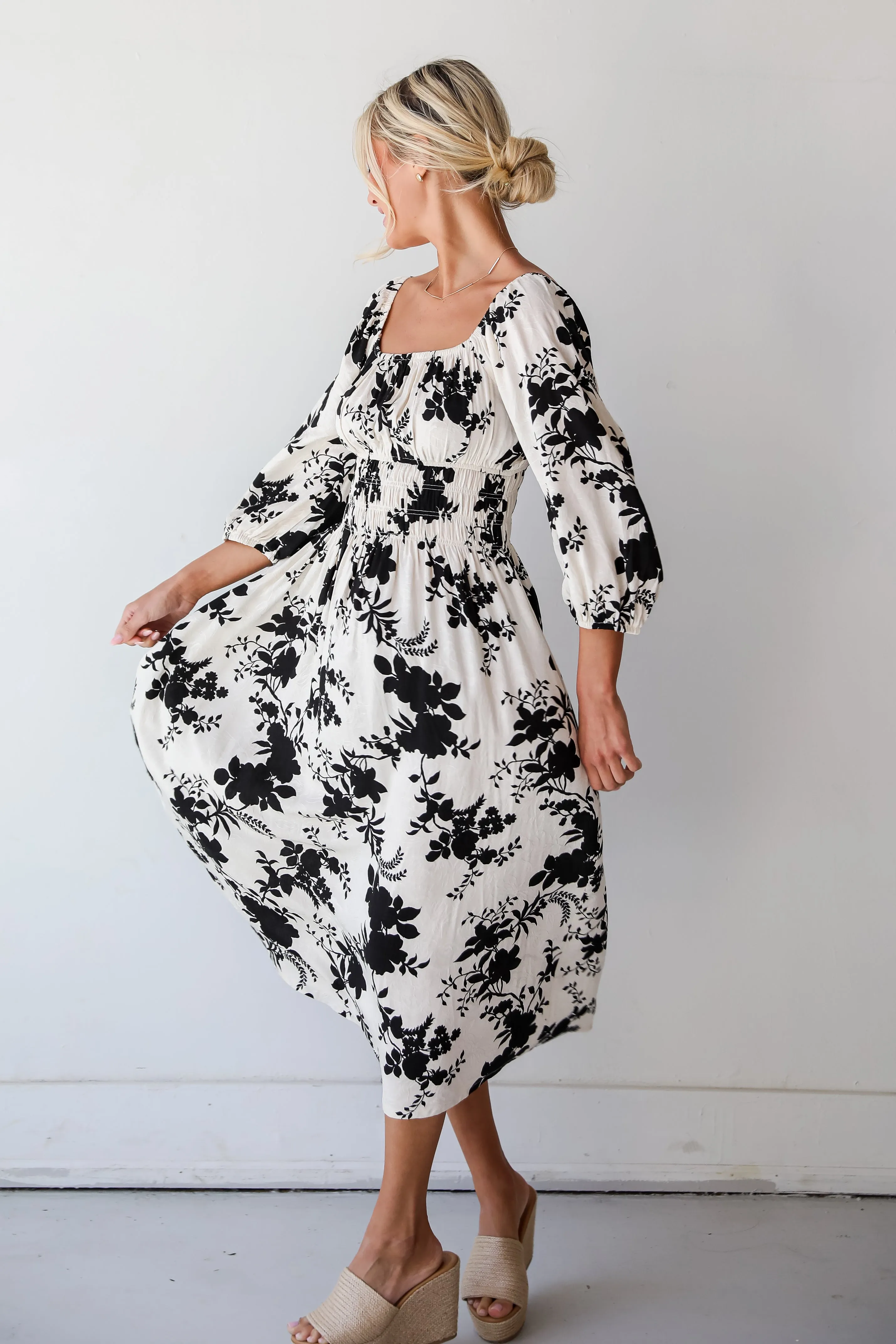 Adorably Elite Ivory Floral Midi Dress