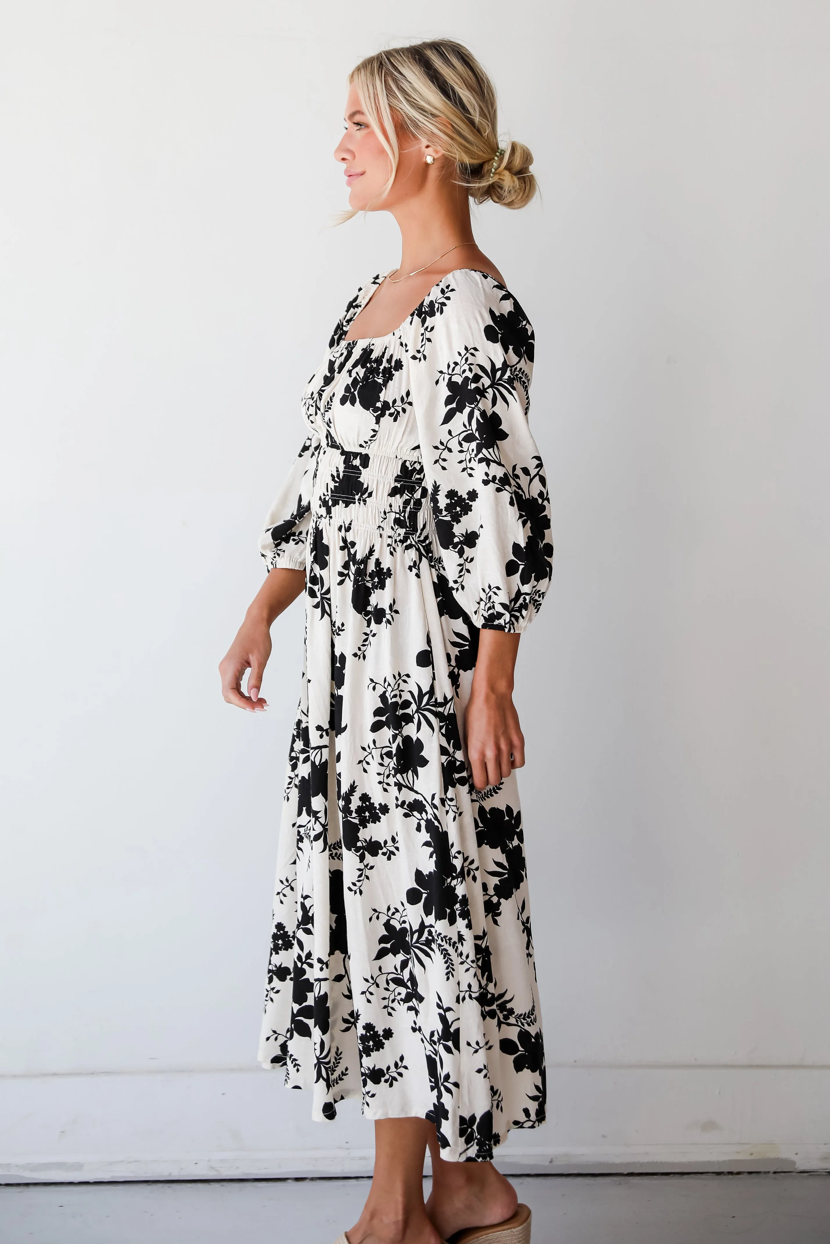 Adorably Elite Ivory Floral Midi Dress