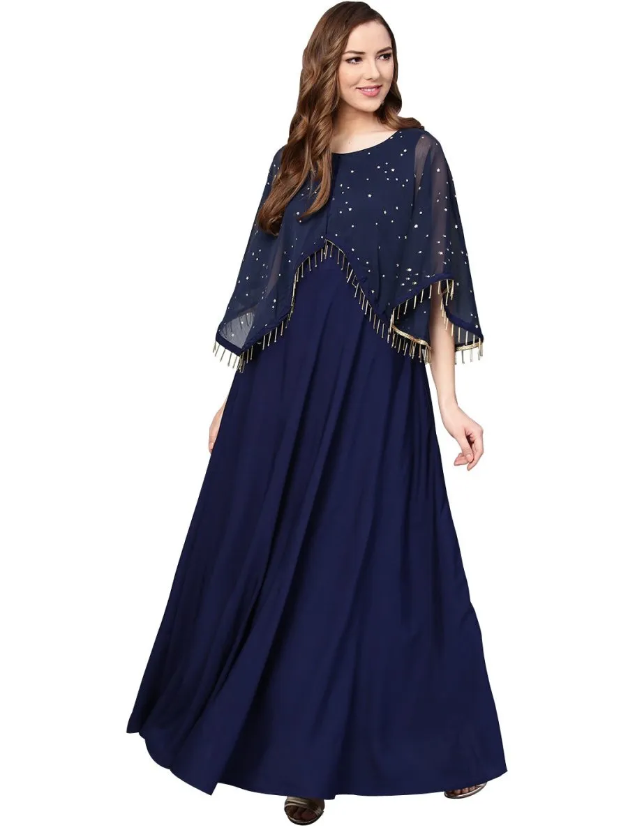 Ahalyaa Women Navy Blue Solid A-Line Layered Beautiful Kurta