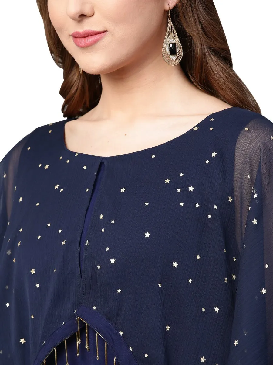 Ahalyaa Women Navy Blue Solid A-Line Layered Beautiful Kurta