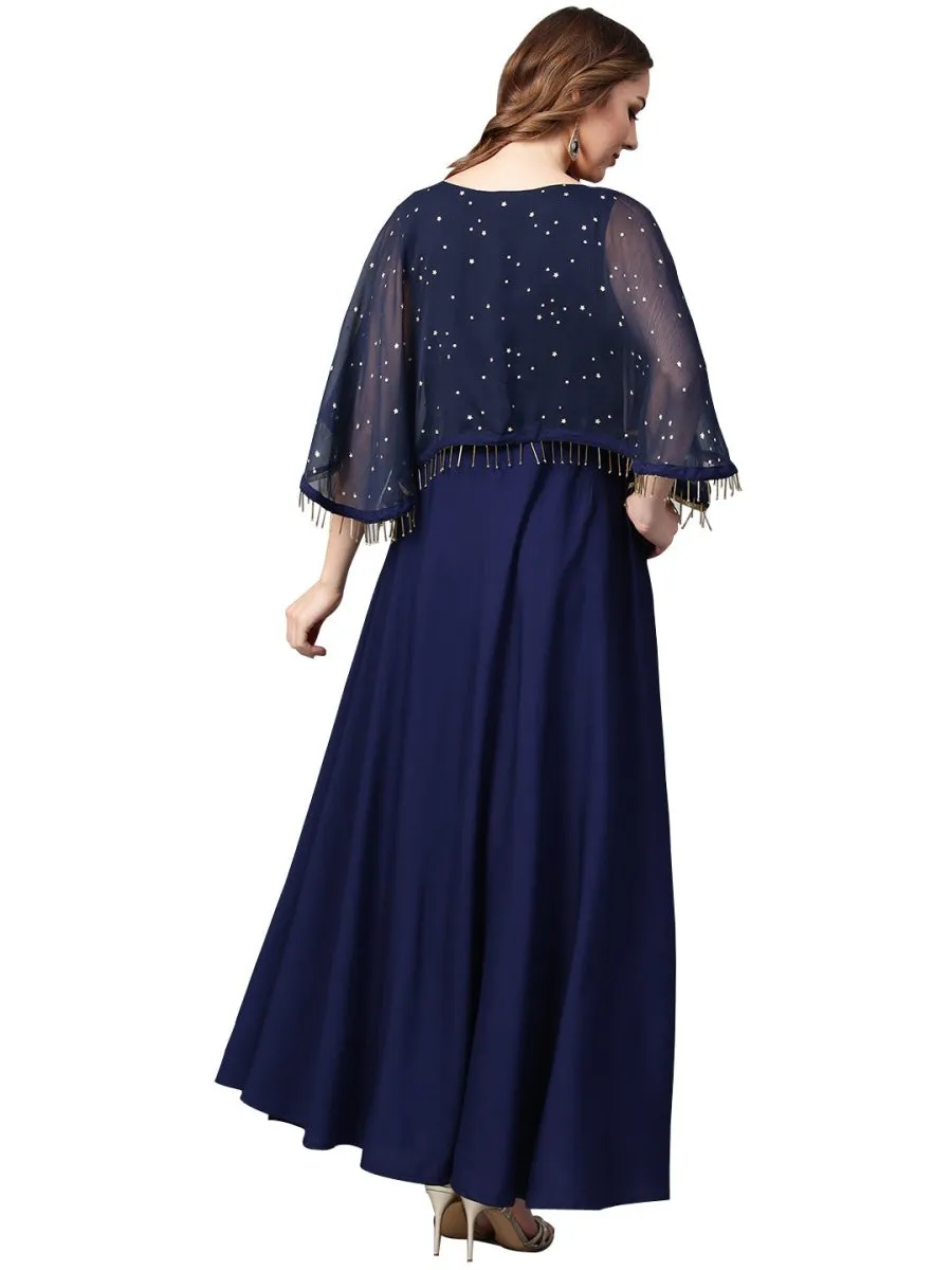 Ahalyaa Women Navy Blue Solid A-Line Layered Beautiful Kurta