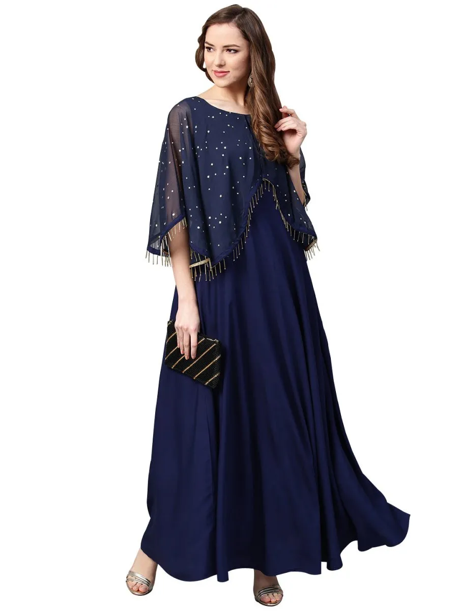 Ahalyaa Women Navy Blue Solid A-Line Layered Beautiful Kurta