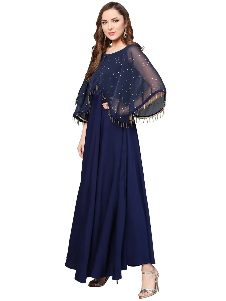 Ahalyaa Women Navy Blue Solid A-Line Layered Beautiful Kurta