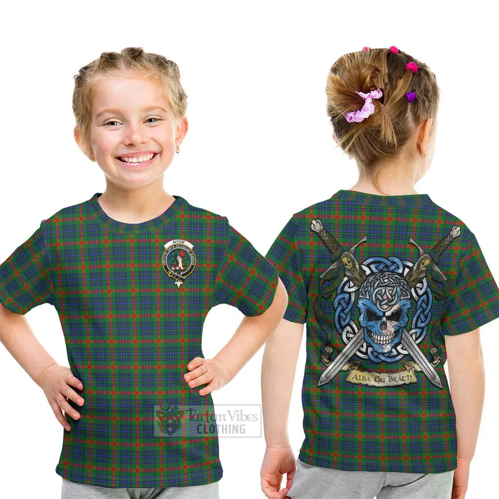 Aiton Tartan Kid T-Shirt with Family Crest Celtic Skull Style