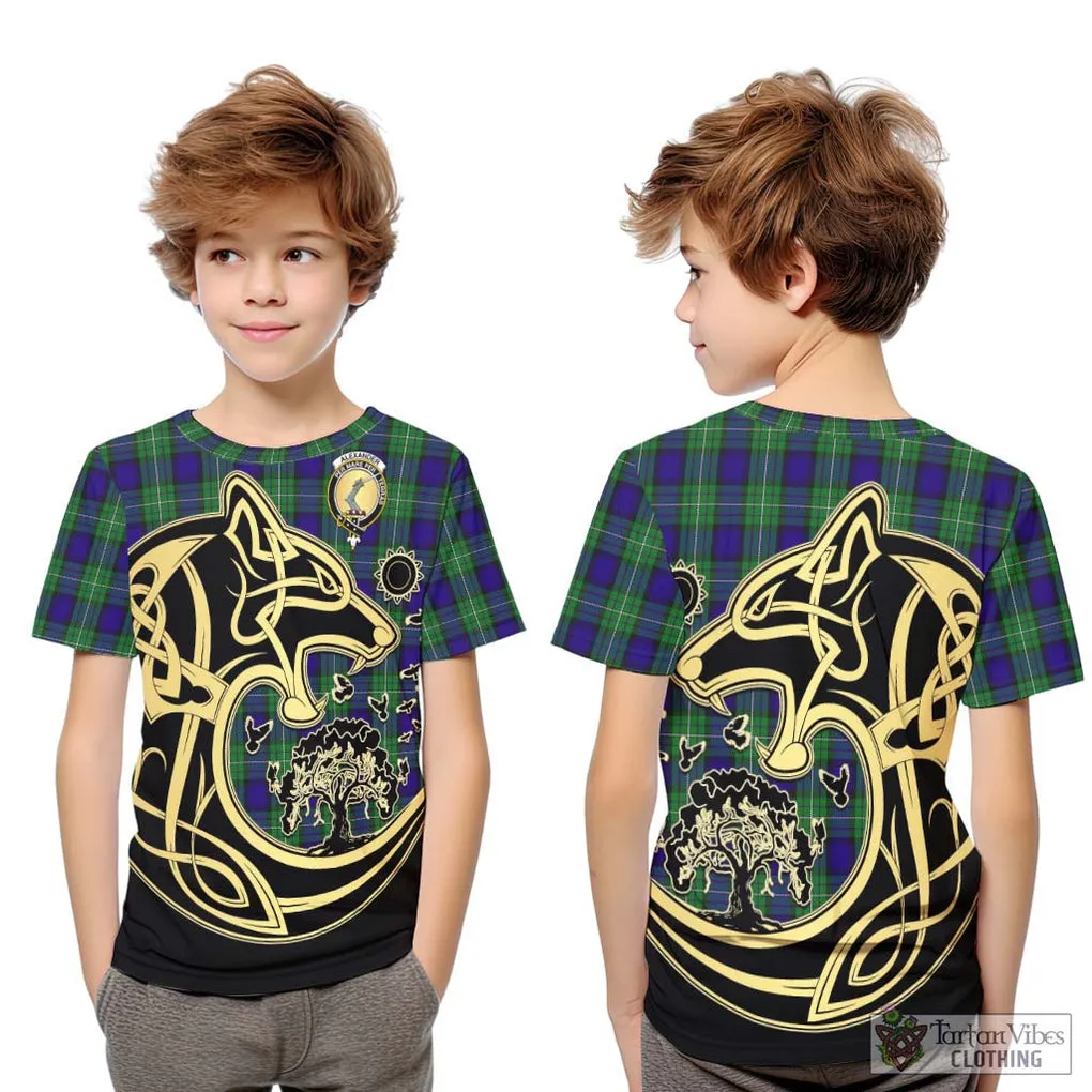 Alexander Tartan Kid T-Shirt with Family Crest Celtic Wolf Style