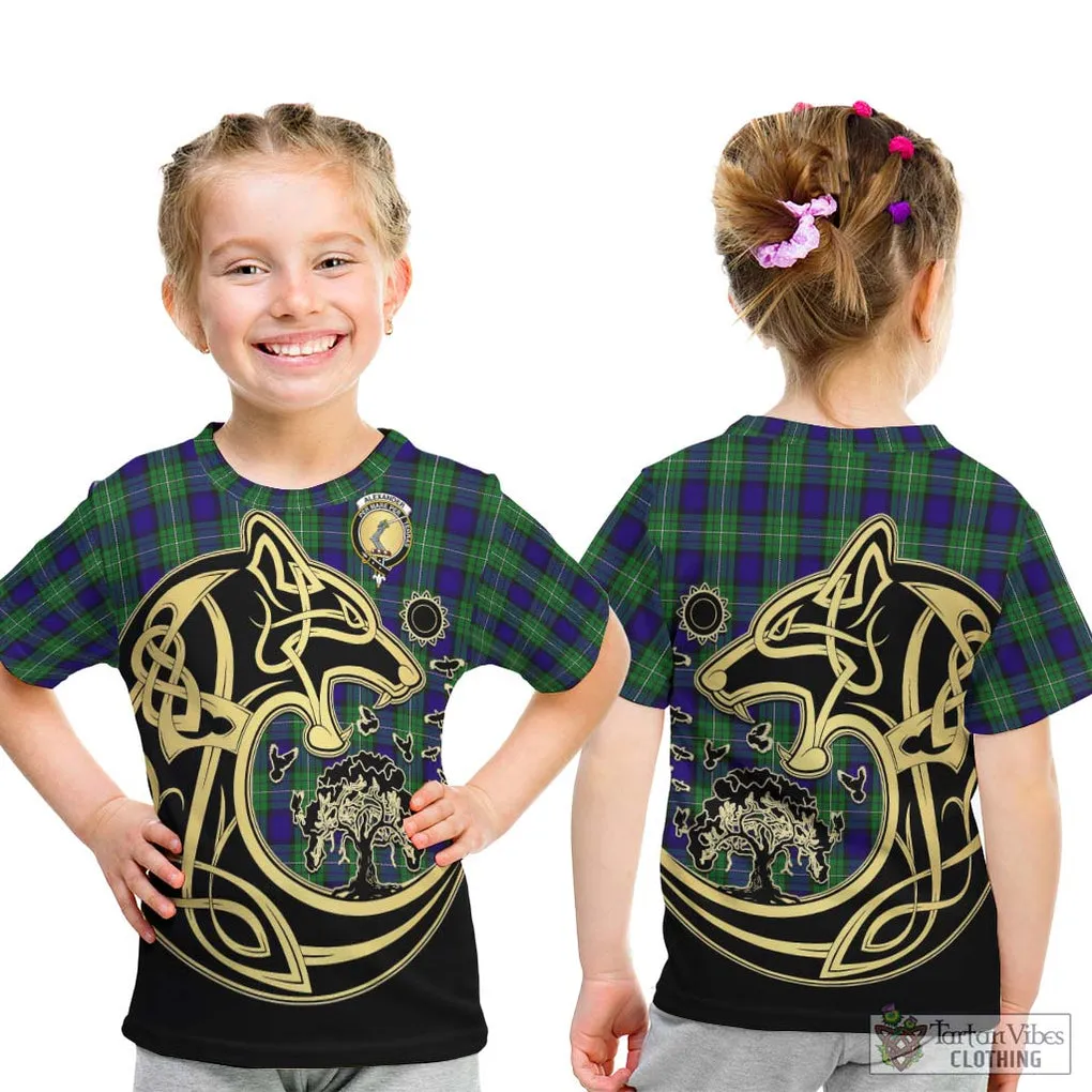 Alexander Tartan Kid T-Shirt with Family Crest Celtic Wolf Style