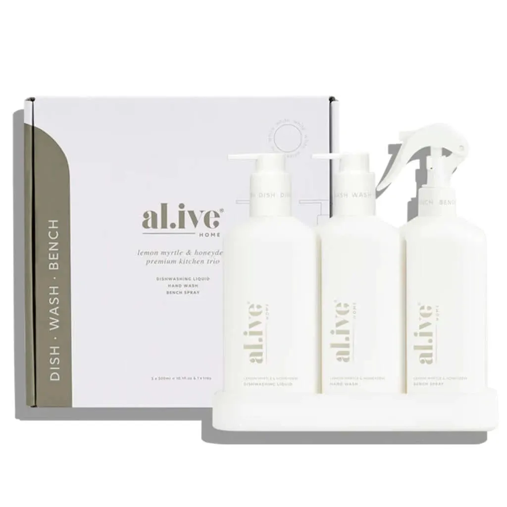 Al.ive Kitchen Trio - Dishwashing Liquid, Hand Wash & Bench Spray - Lemon Myrtle & Honeydew