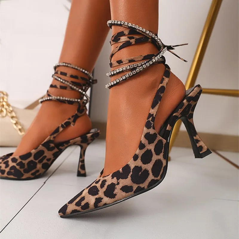 Amozae-Back to college Tino Kino   Rhinestones Sandals Women Leopard Thin High Heels Ladies Pumps Ankle Strap Female   Summer New Party Shoes