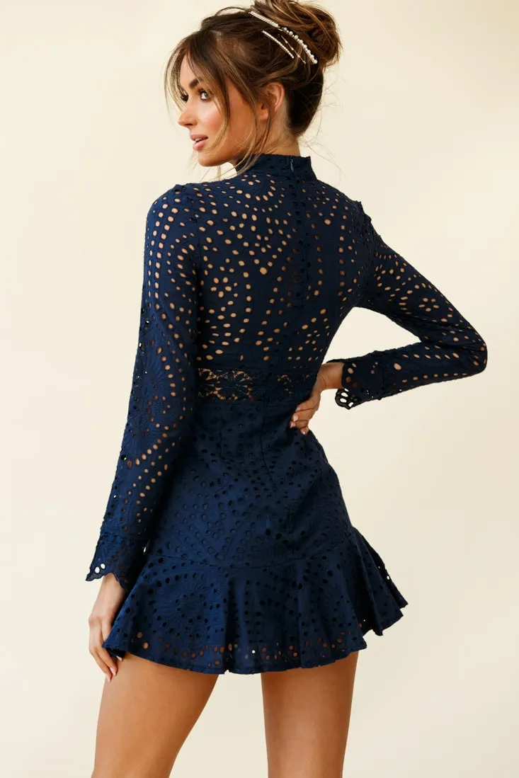 Anglaise Embroidered Long Sleeve Turtleneck Dress Navy