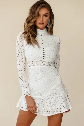 Anglaise Embroidered Long Sleeve Turtleneck Dress White