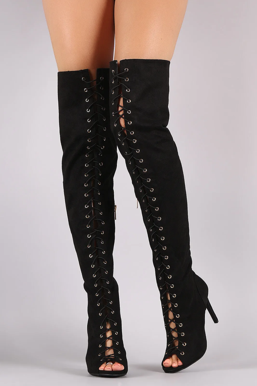 Anne Michelle Over The Knee Open Toe Lace Up Boot