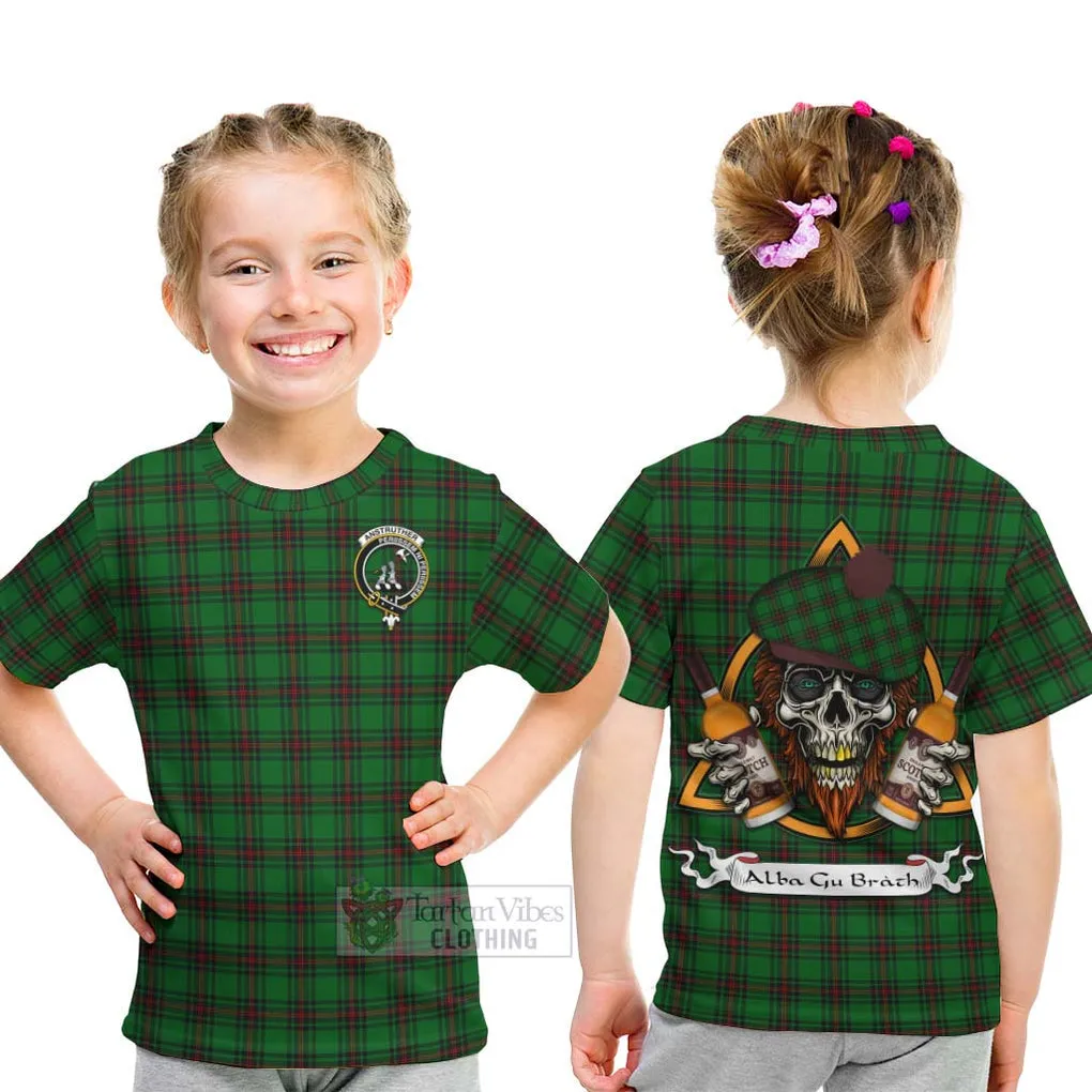 Anstruther Tartan Kid T-Shirt with Family Crest and Bearded Skull Holding Bottles of Whiskey