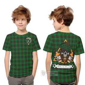 Anstruther Tartan Kid T-Shirt with Family Crest and Bearded Skull Holding Bottles of Whiskey