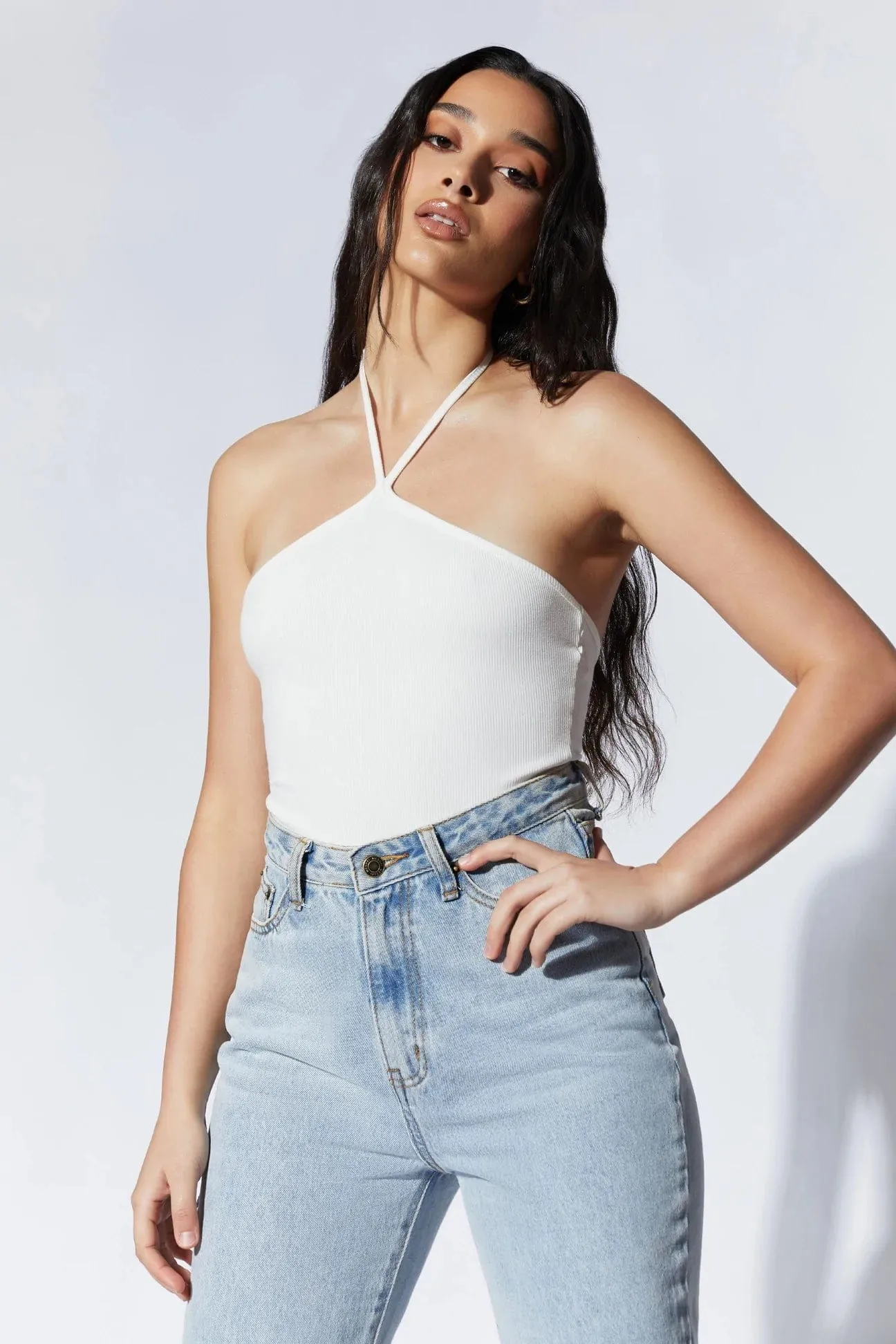 ARDEN Halter Neck Ribbed Bodysuit in white