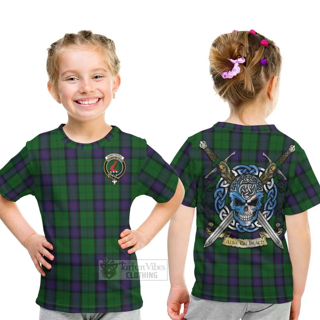 Armstrong Tartan Kid T-Shirt with Family Crest Celtic Skull Style