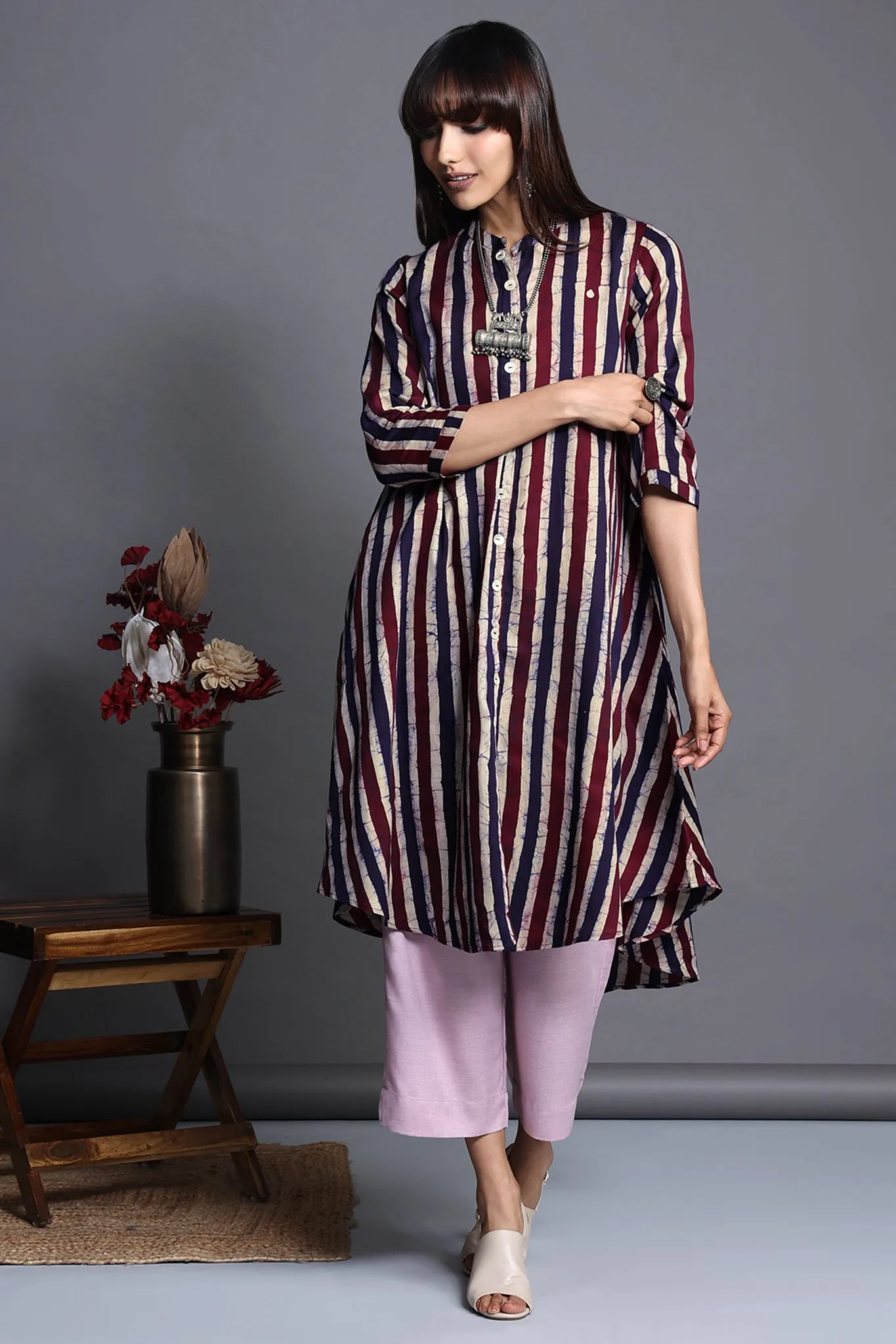 asymmetrical hemline button down tunic - mauve mirage & chic stripes