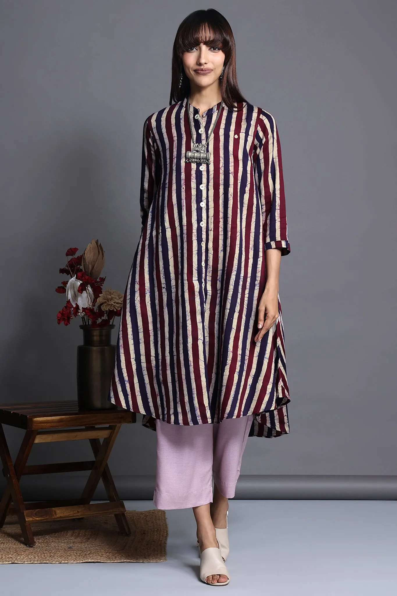 asymmetrical hemline button down tunic - mauve mirage & chic stripes