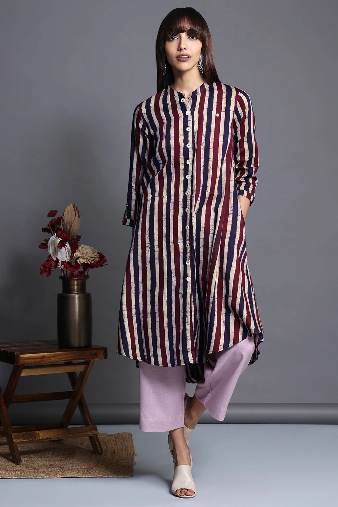 asymmetrical hemline button down tunic - mauve mirage & chic stripes