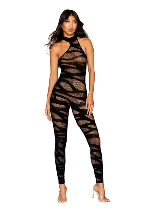 Asymmetrical Opaque Knitted Bodystocking with All-Over Slash Design Detail