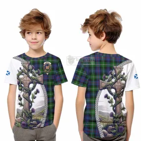 Baillie (Bailey) Tartan Kid T-Shirt with Family Crest and St. Andrew's Cross Accented by Thistle Vines