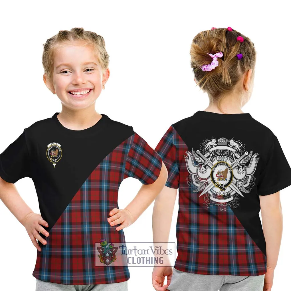 Baillie of Polkemmet Red Tartan Kid T-Shirt with Family Crest and Military Logo Style