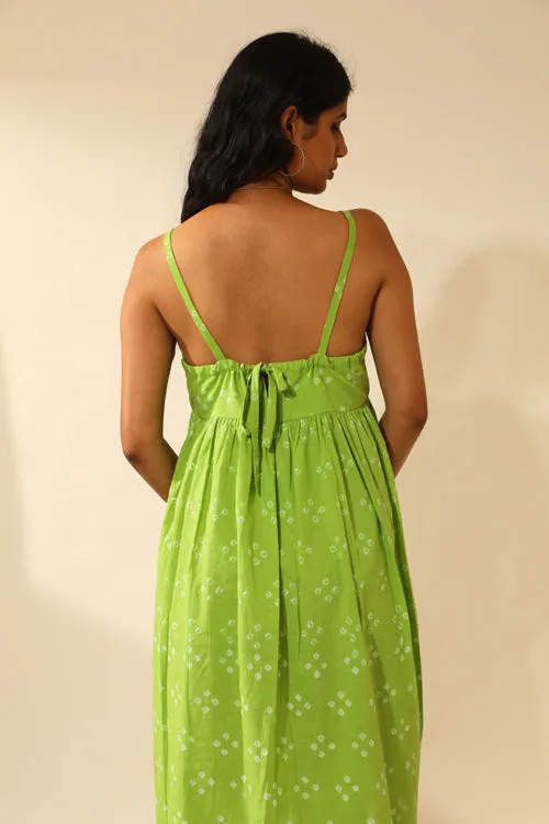 Bandhani Strappy Knee Length Dress In Lime Green