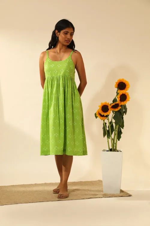 Bandhani Strappy Knee Length Dress In Lime Green