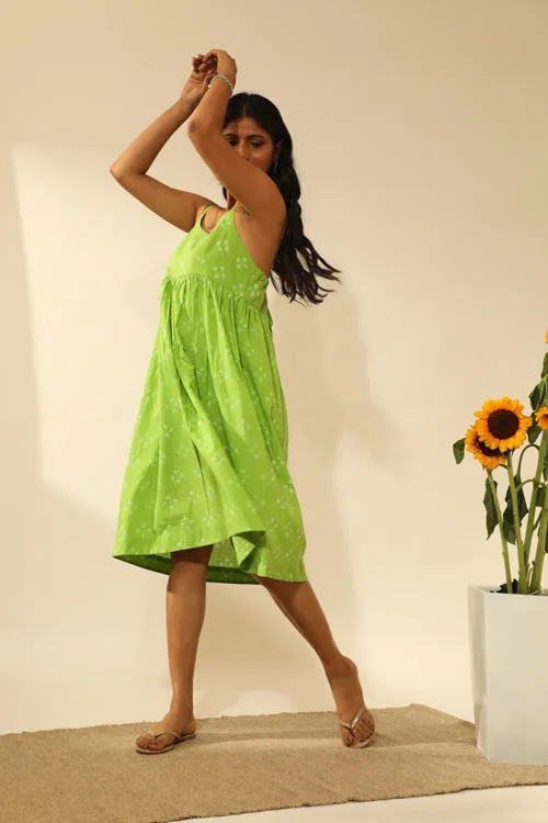 Bandhani Strappy Knee Length Dress In Lime Green