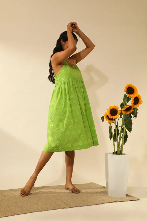 Bandhani Strappy Knee Length Dress In Lime Green