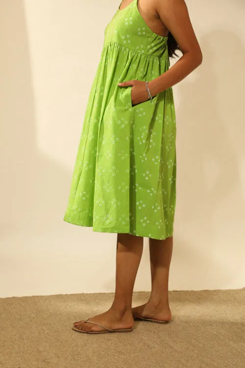 Bandhani Strappy Knee Length Dress In Lime Green