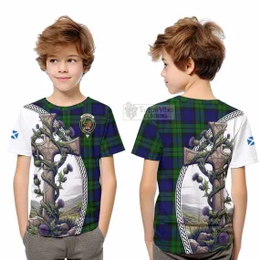 Bannatyne Tartan Kid T-Shirt with Family Crest and St. Andrew's Cross Accented by Thistle Vines