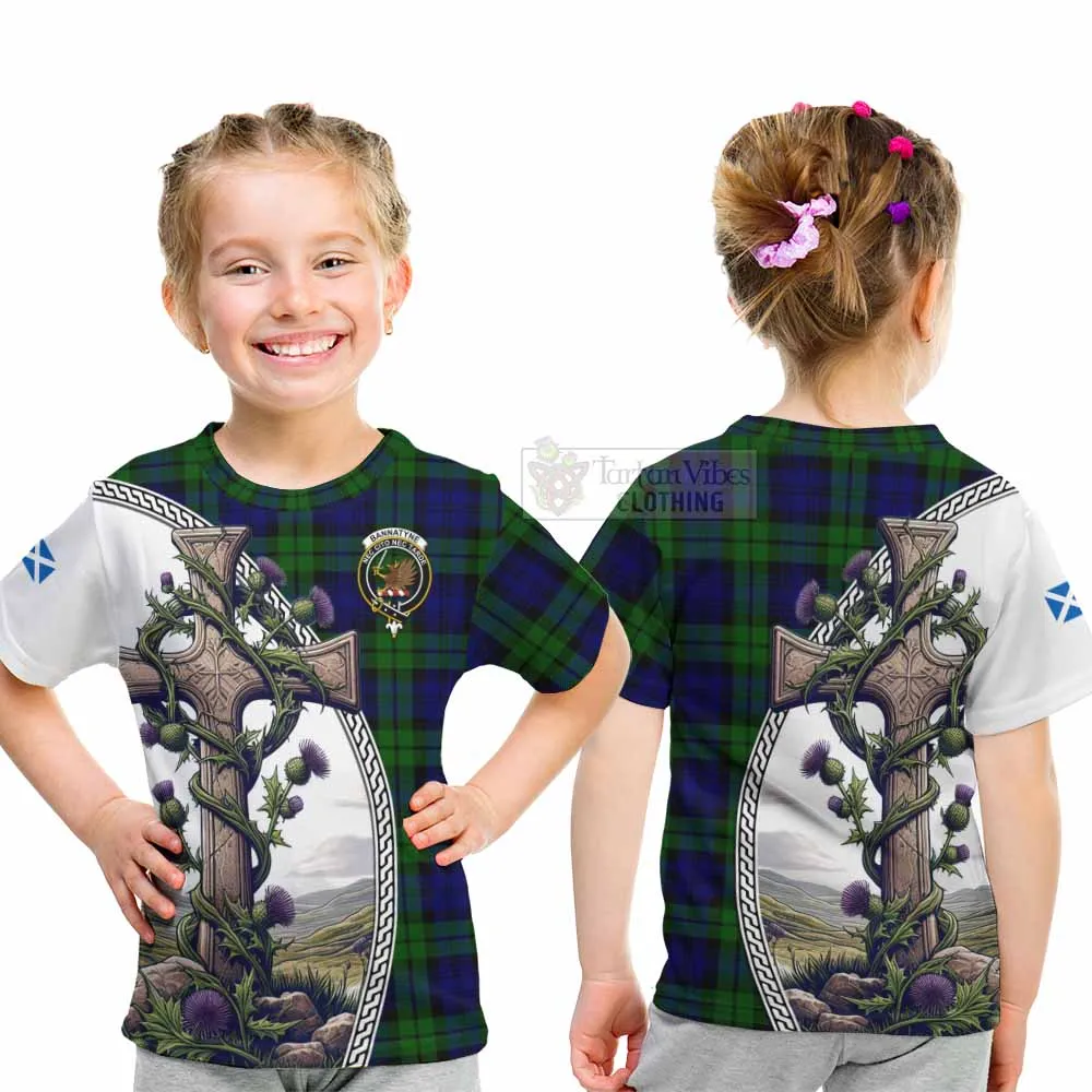 Bannatyne Tartan Kid T-Shirt with Family Crest and St. Andrew's Cross Accented by Thistle Vines