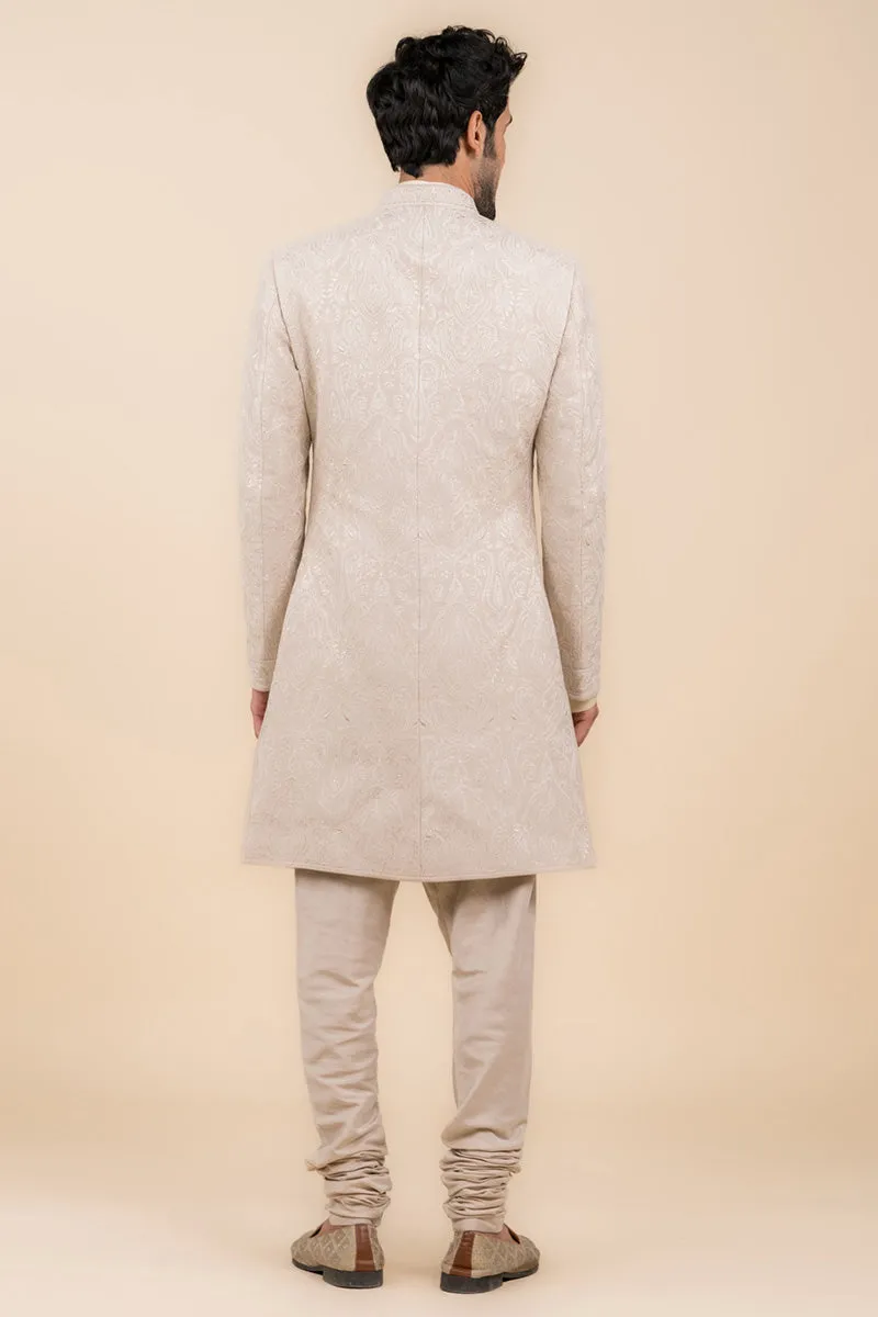 Beige Sherwani With All Over Pearls Detailing