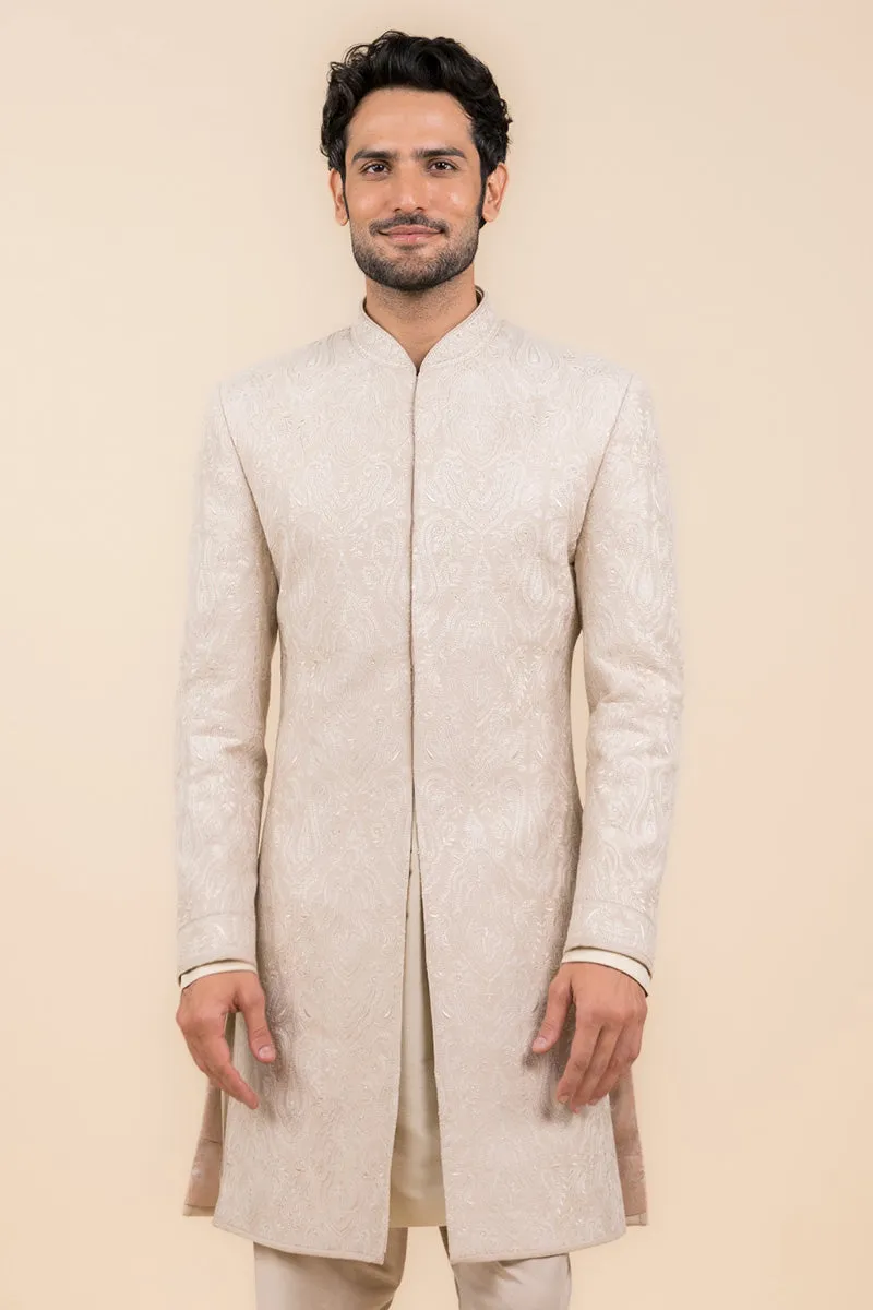 Beige Sherwani With All Over Pearls Detailing