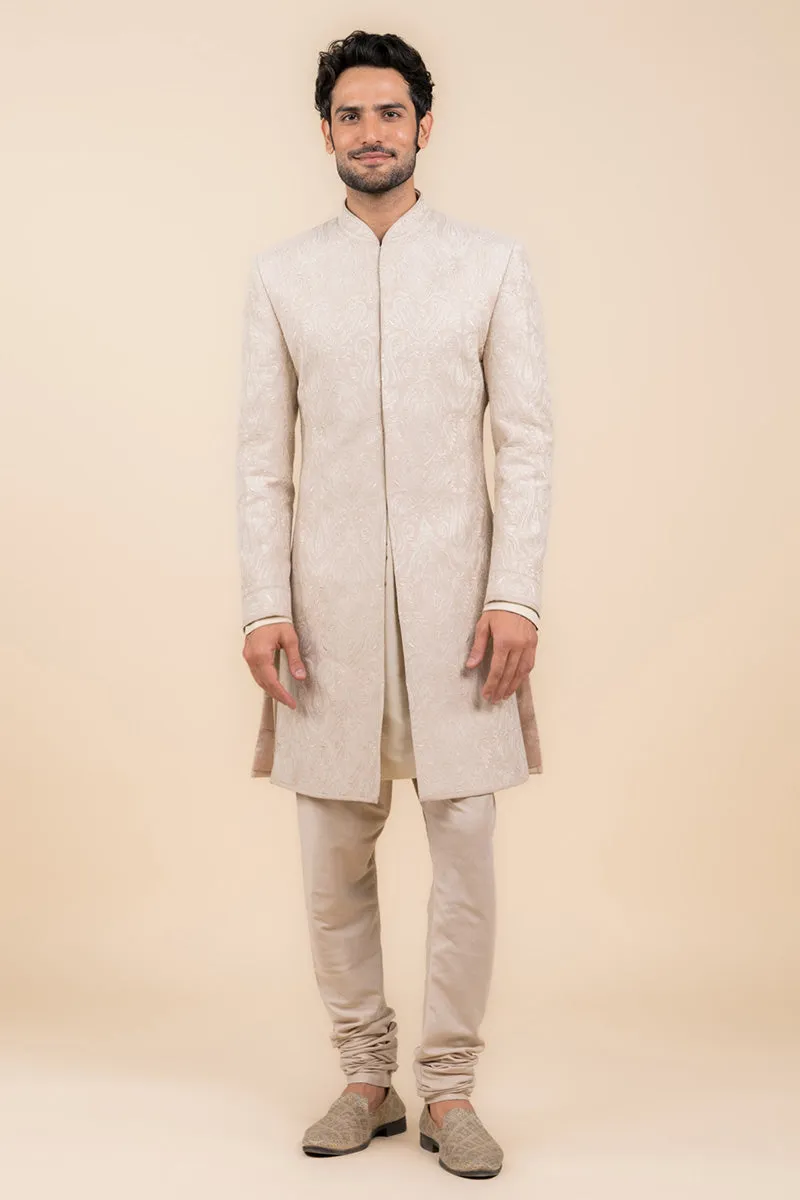 Beige Sherwani With All Over Pearls Detailing