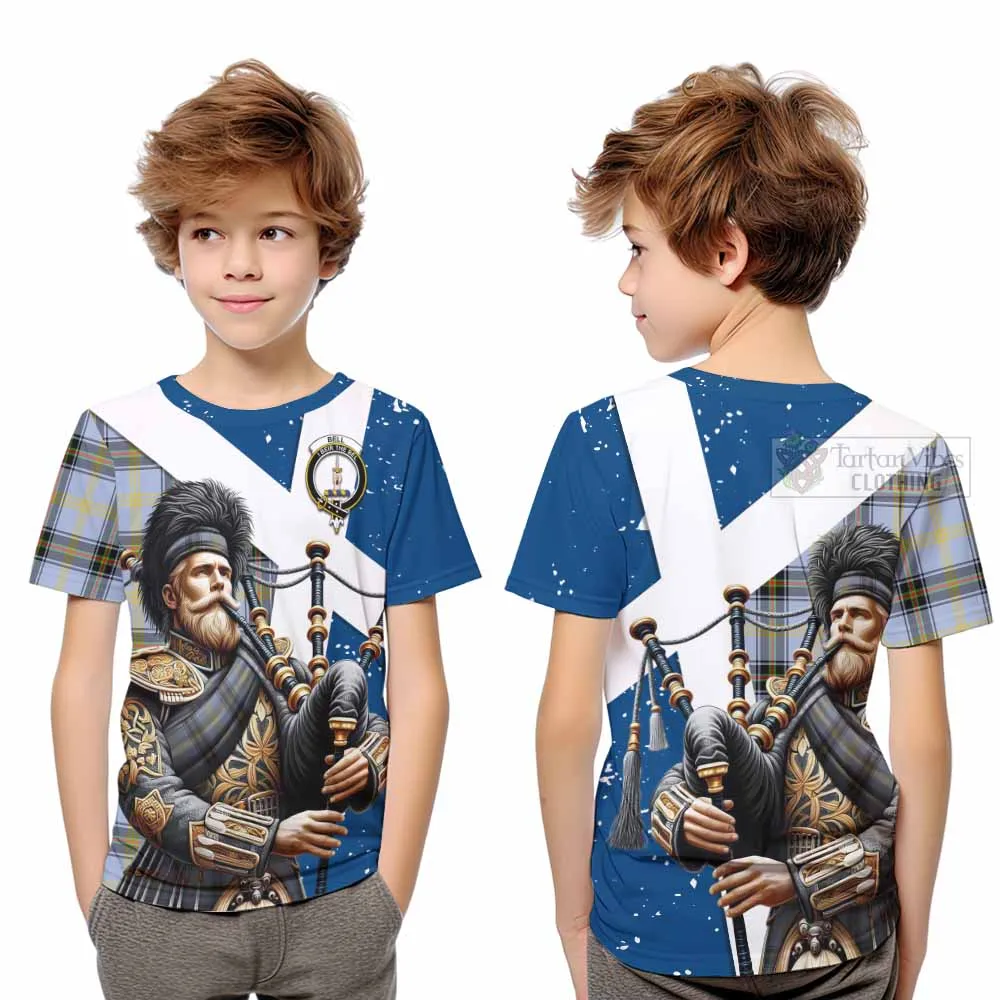 Bell Tartan Kid T-Shirt with Family Crest Scottish Bagpiper Vibes