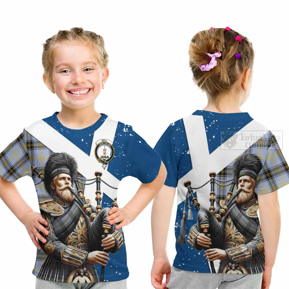 Bell Tartan Kid T-Shirt with Family Crest Scottish Bagpiper Vibes