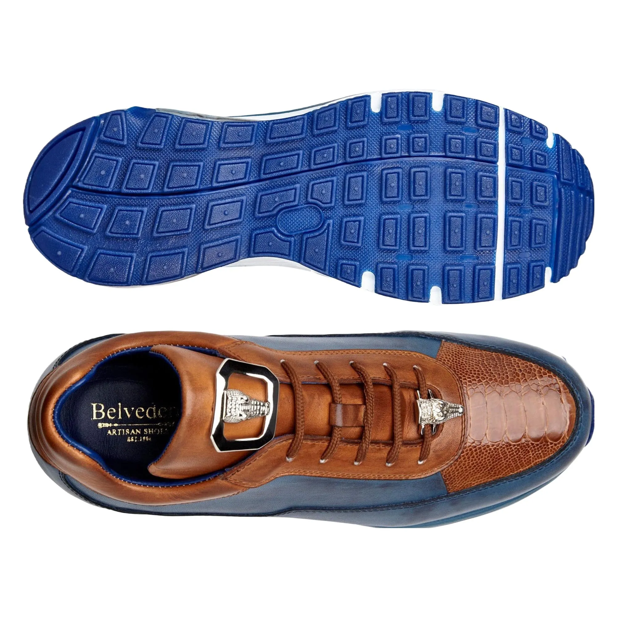 Belvedere Flash in Antique Blue Safari / Antique Almond Caiman Crocodile / Patent / Ostrich Leg High-Top Sneakers