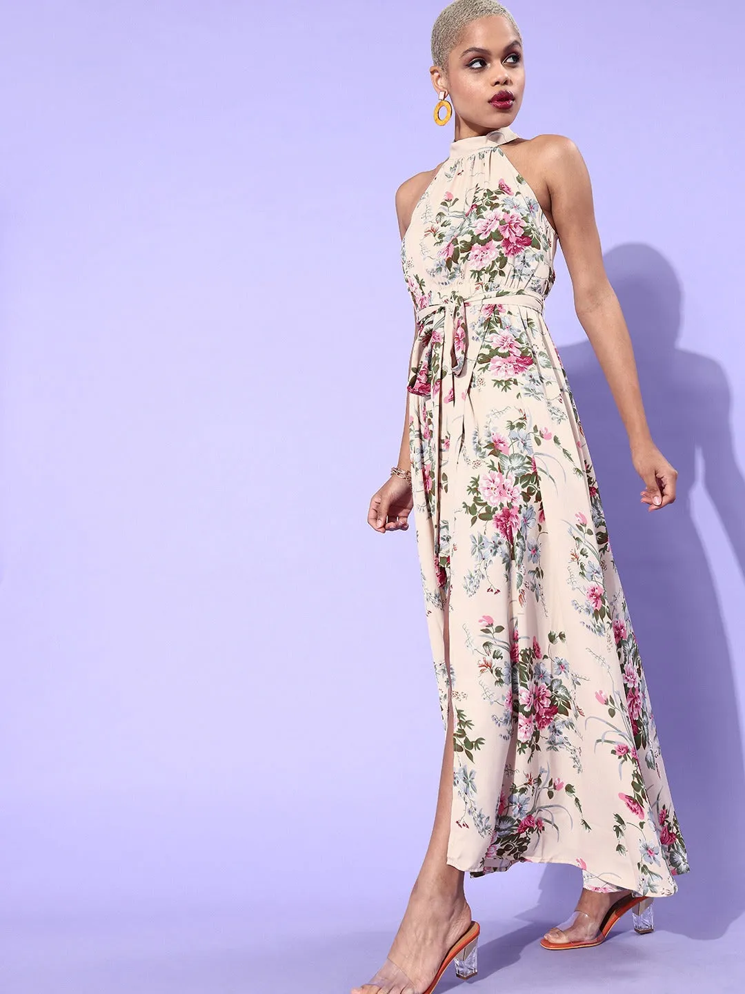 Berrylush Women Beige Floral Printed Halter Neck Crepe Maxi Dress