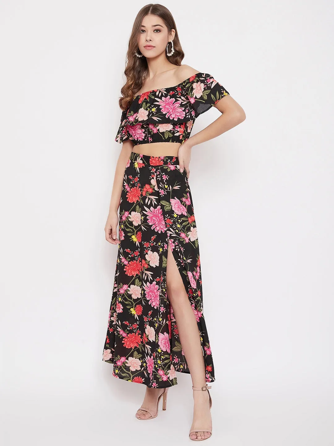 Berrylush Women Black Floral Print Off-Shoulder Co-Ord Dress Set