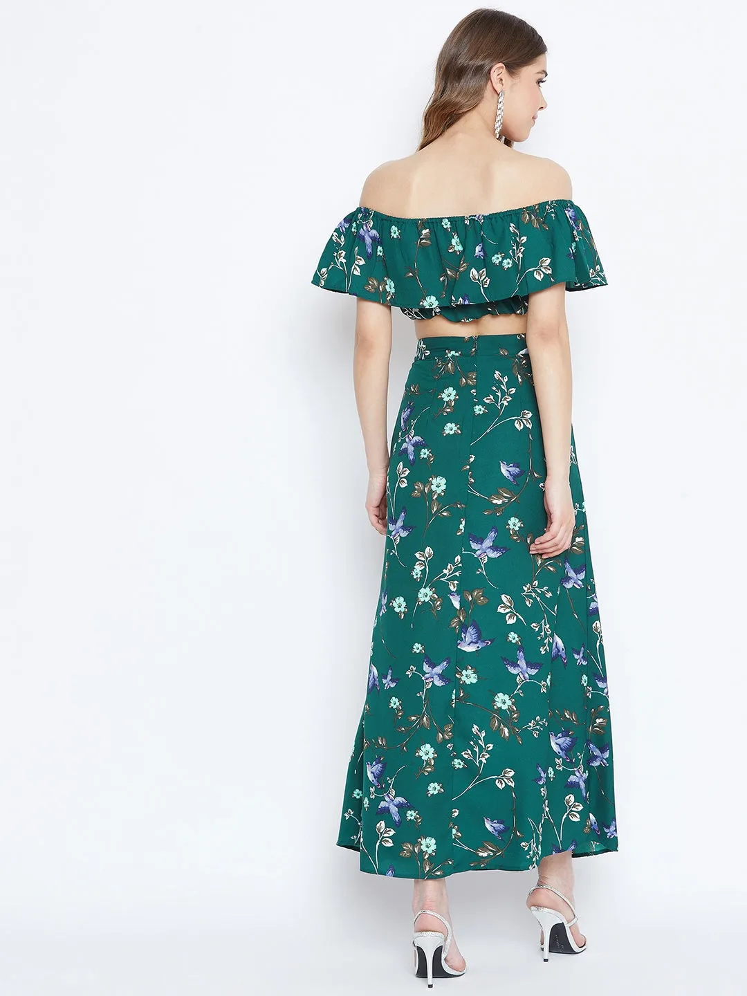 Berrylush Women Green Floral Print Two-Piece Maxi Dress