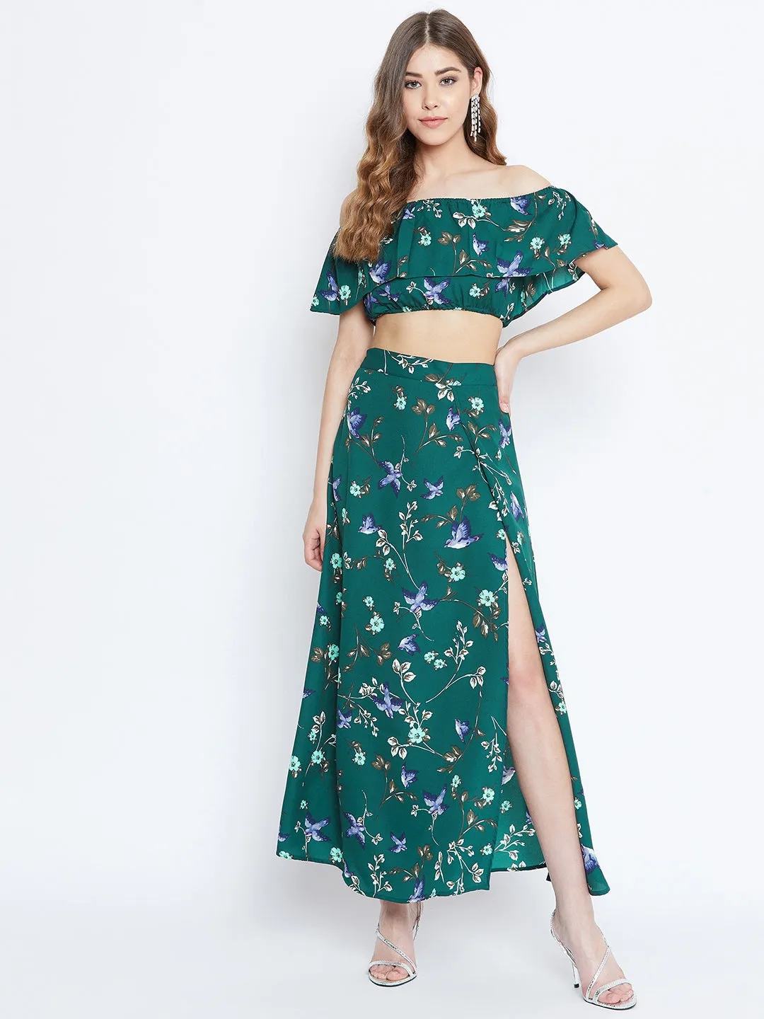 Berrylush Women Green Floral Print Two-Piece Maxi Dress