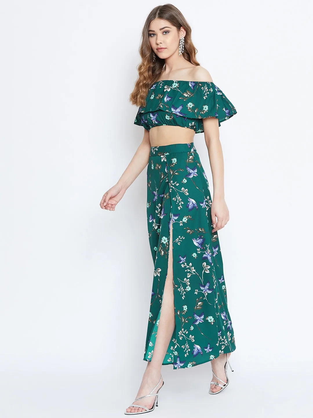 Berrylush Women Green Floral Print Two-Piece Maxi Dress