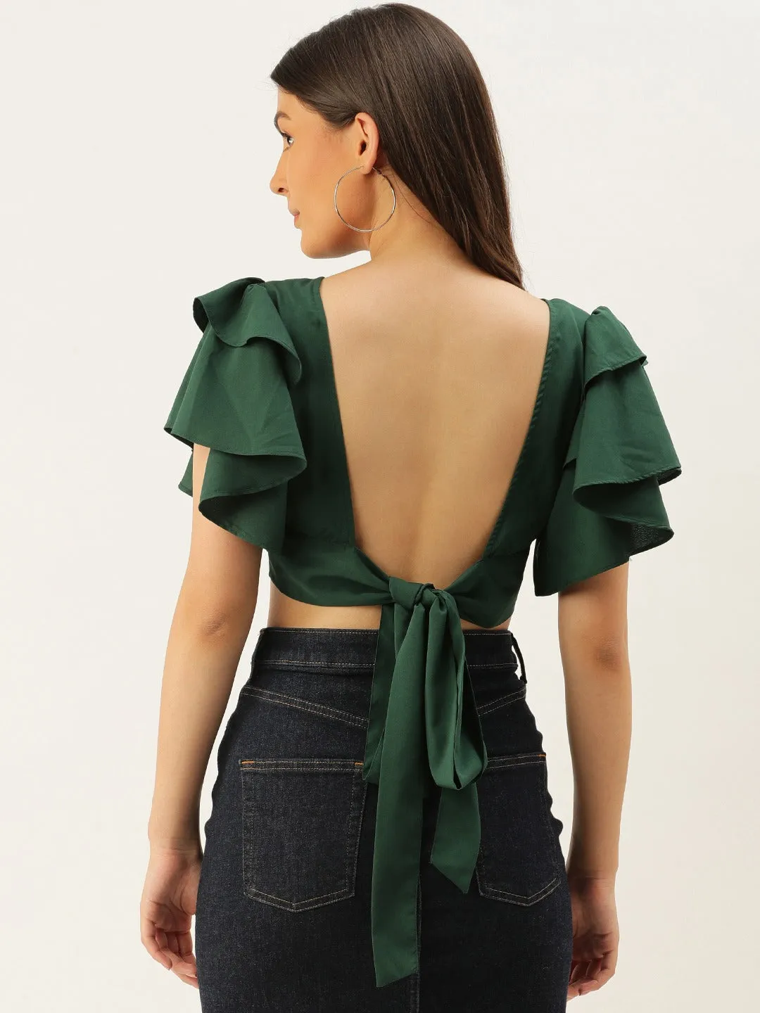 Berrylush Women Solid Green Flutter Sleeves Blouson Top