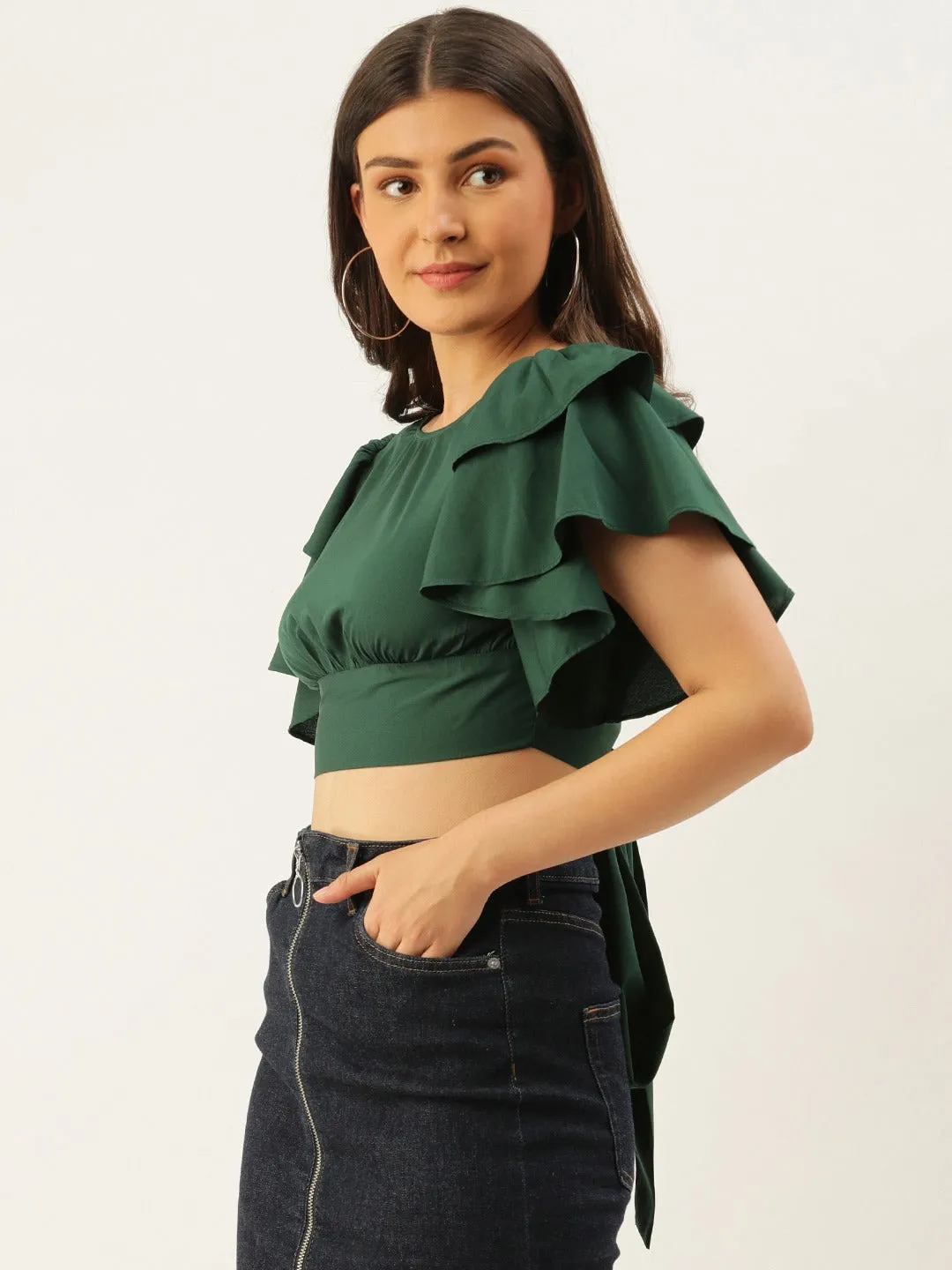 Berrylush Women Solid Green Flutter Sleeves Blouson Top