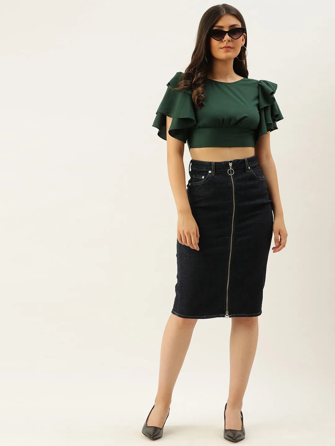 Berrylush Women Solid Green Flutter Sleeves Blouson Top